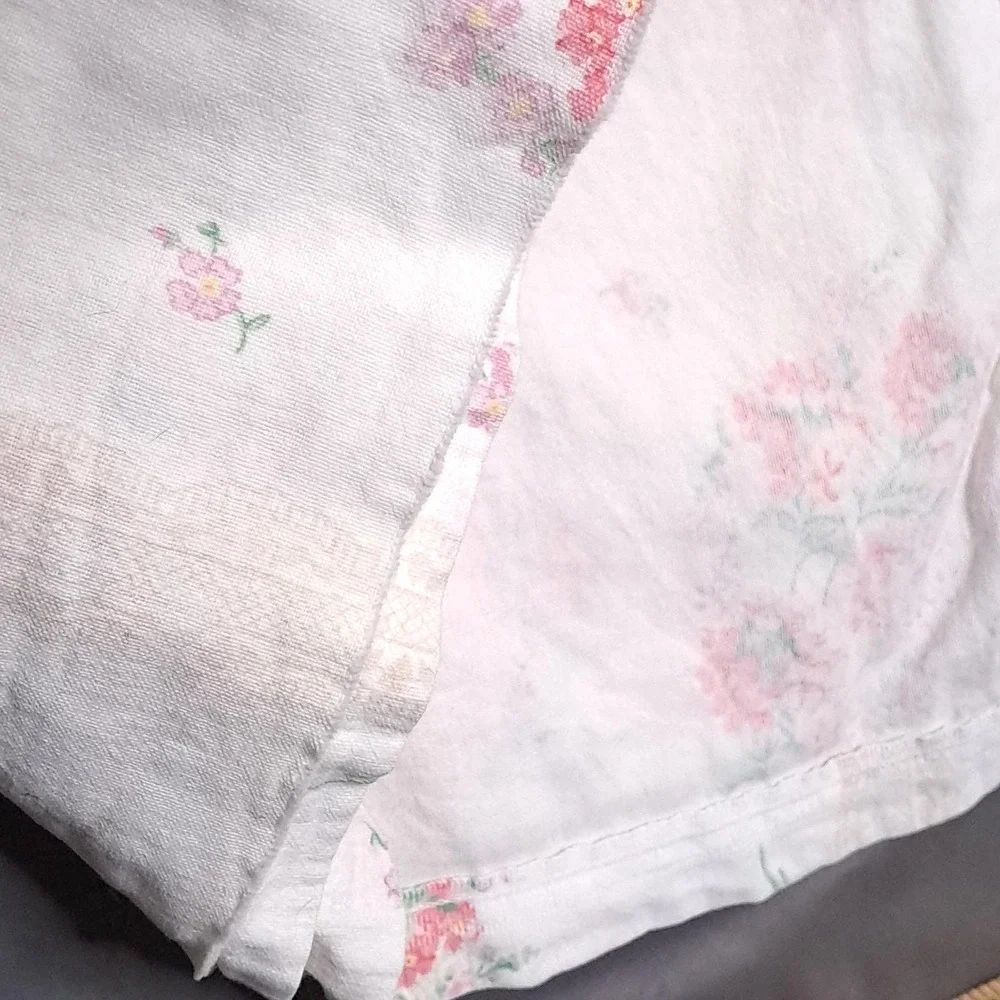 VTG Stevens Floral Flat Bed Sheet Twin White Pink Lace Stripe Cottagecore Fabric